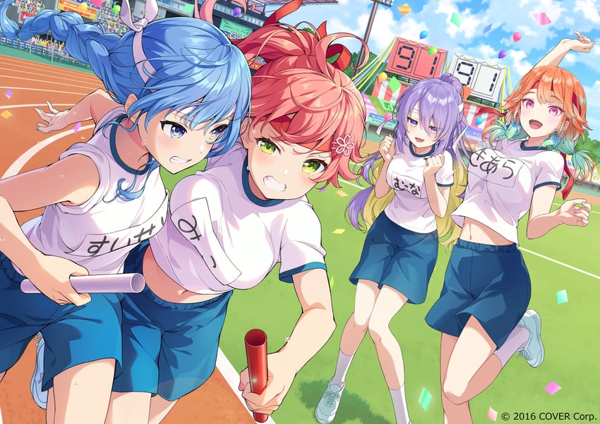 hoshimachi suisei, sakura miko, takanashi kiara, and moona hoshinova (hololive and 2 more) drawn by nobusawa_osamu
