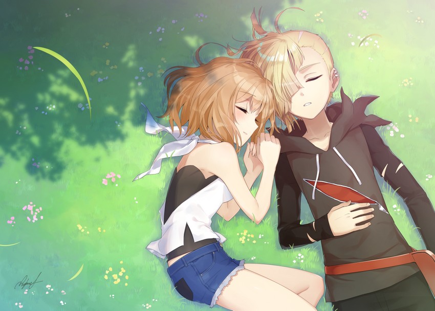 selene and gladion (pokemon and 1 more) drawn by rupinesu