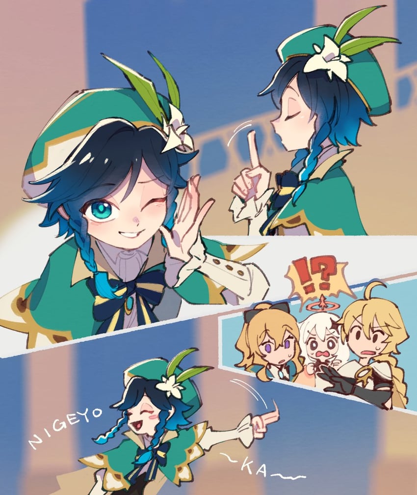 aether, venti, paimon, and jean (genshin impact) drawn by ukata