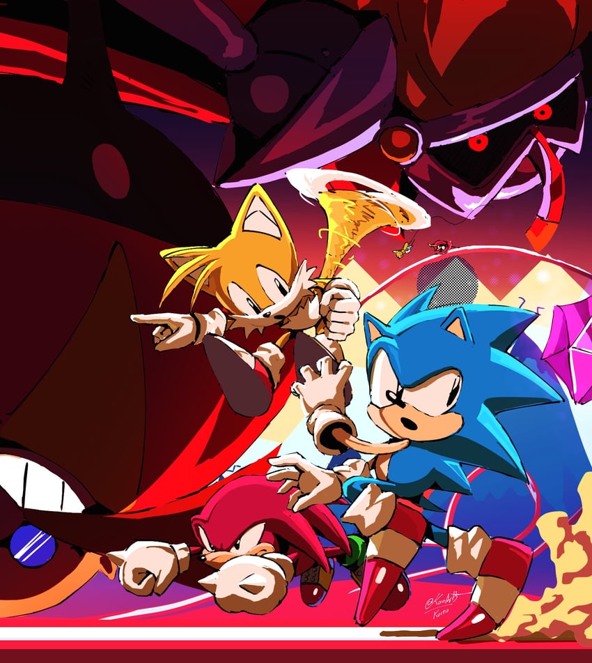 sonic the hedgehog, tails, knuckles the echidna, dr. eggman, classic sonic, and 4 more (sonic and 2 more) drawn by kornart
