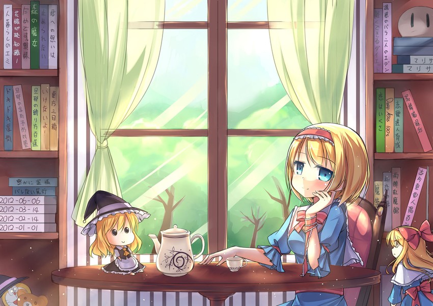 kirisame marisa, alice margatroid, shanghai doll, and doraemon (touhou and 3 more) drawn by amemiya_ruki