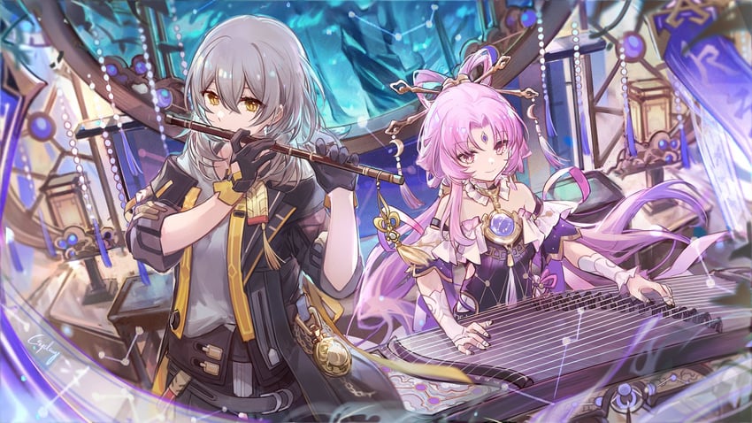 trailblazer, stelle, and fu xuan (honkai and 1 more) drawn by csyday