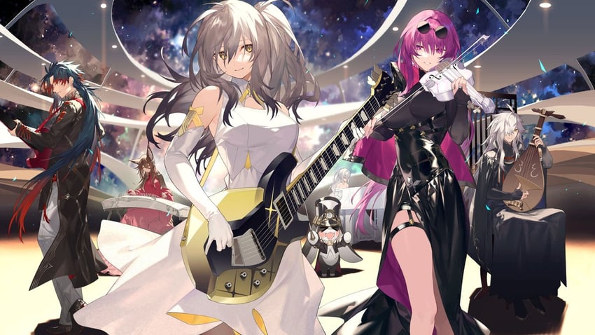 trailblazer, stelle, kafka, silver wolf, blade, and 3 more (honkai and 1 more) drawn by noy