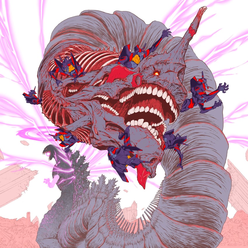 godzilla and eva 01 (neon genesis evangelion and 3 more) drawn by dandagouglas