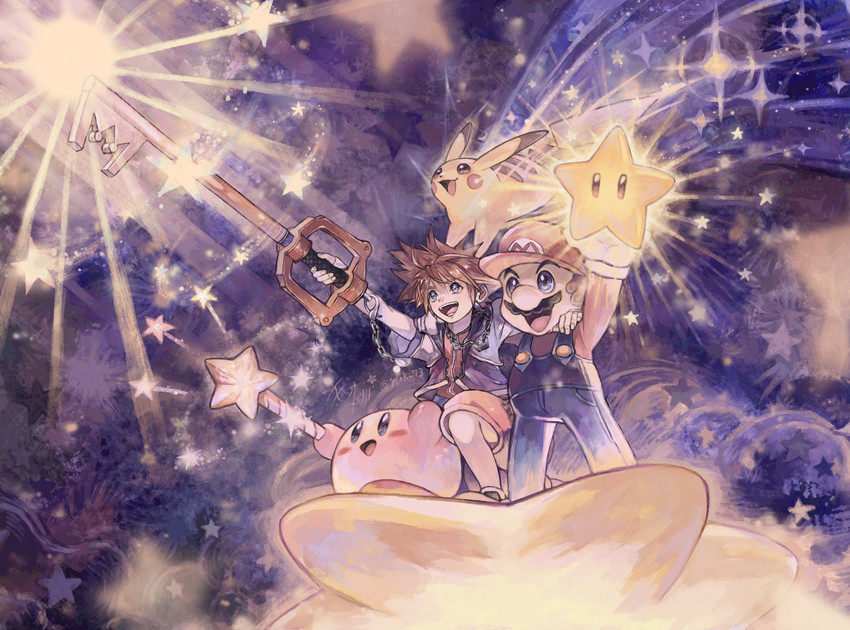 pikachu, kirby, mario, and sora (pokemon and 5 more) drawn by mokunami