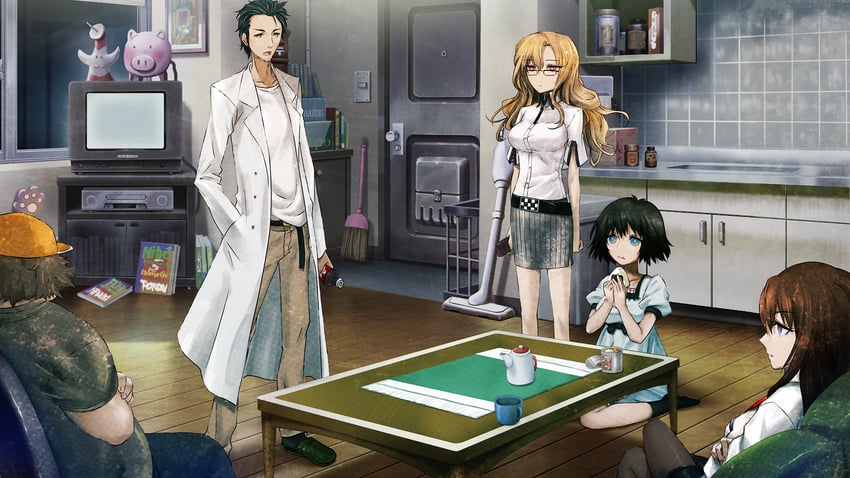 makise kurisu, okabe rintarou, shiina mayuri, kiryuu moeka, and hashida itaru (steins;gate and 1 more) drawn by huke