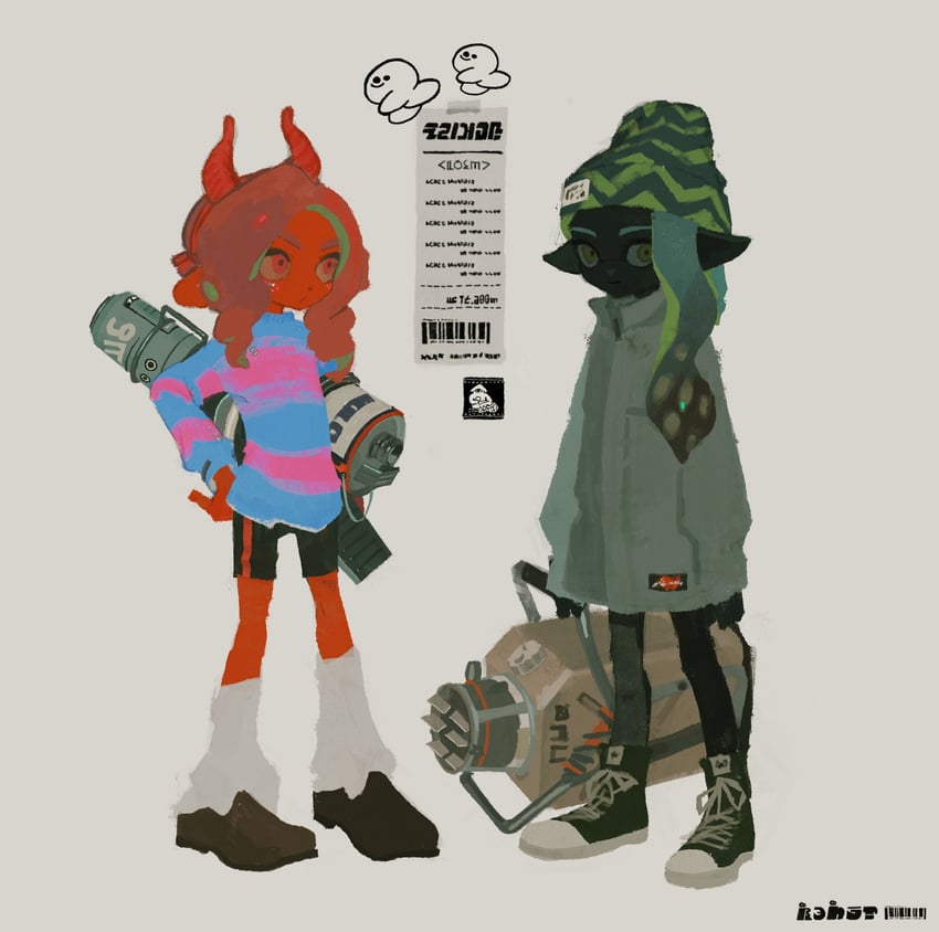 inkling player character, inkling girl, octoling player character, and octoling girl (splatoon) drawn by takokawayoi