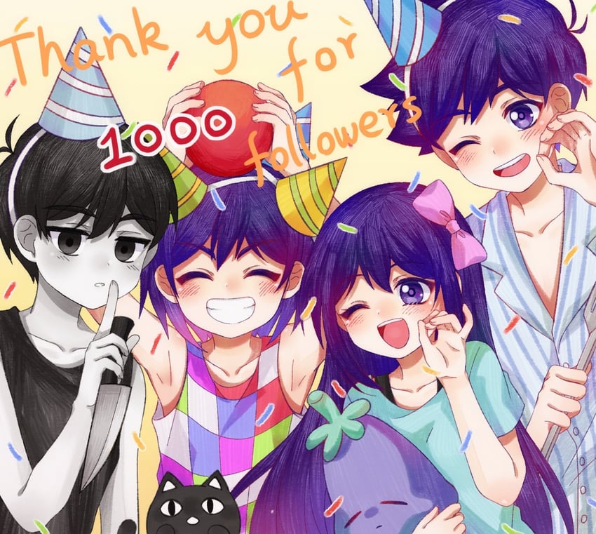 omori, aubrey, kel, hero, mewo, and 1 more (omori) drawn by linglanjunying