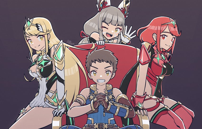 pyra, mythra, rex, and nia (xenoblade chronicles and 1 more) drawn by alten