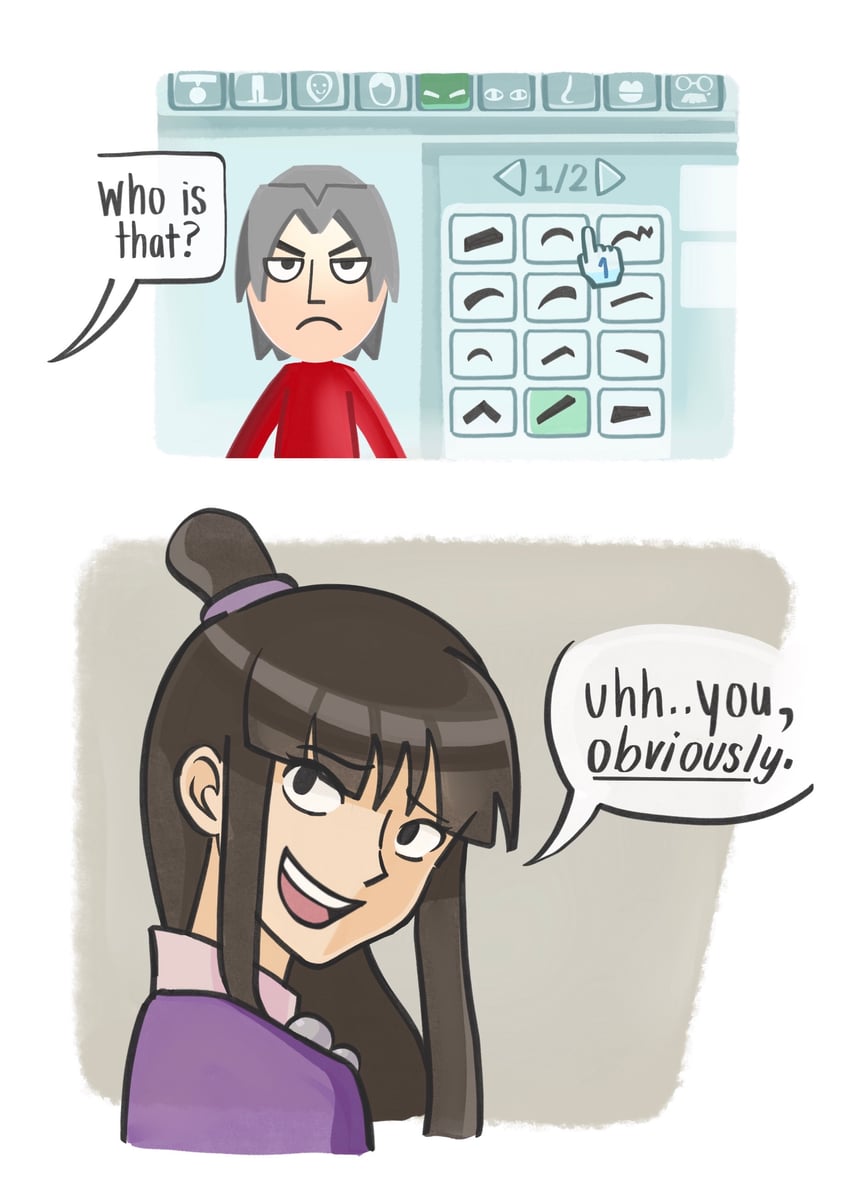 miles edgeworth, maya fey, and mii (ace attorney) drawn by fizzi_ly
