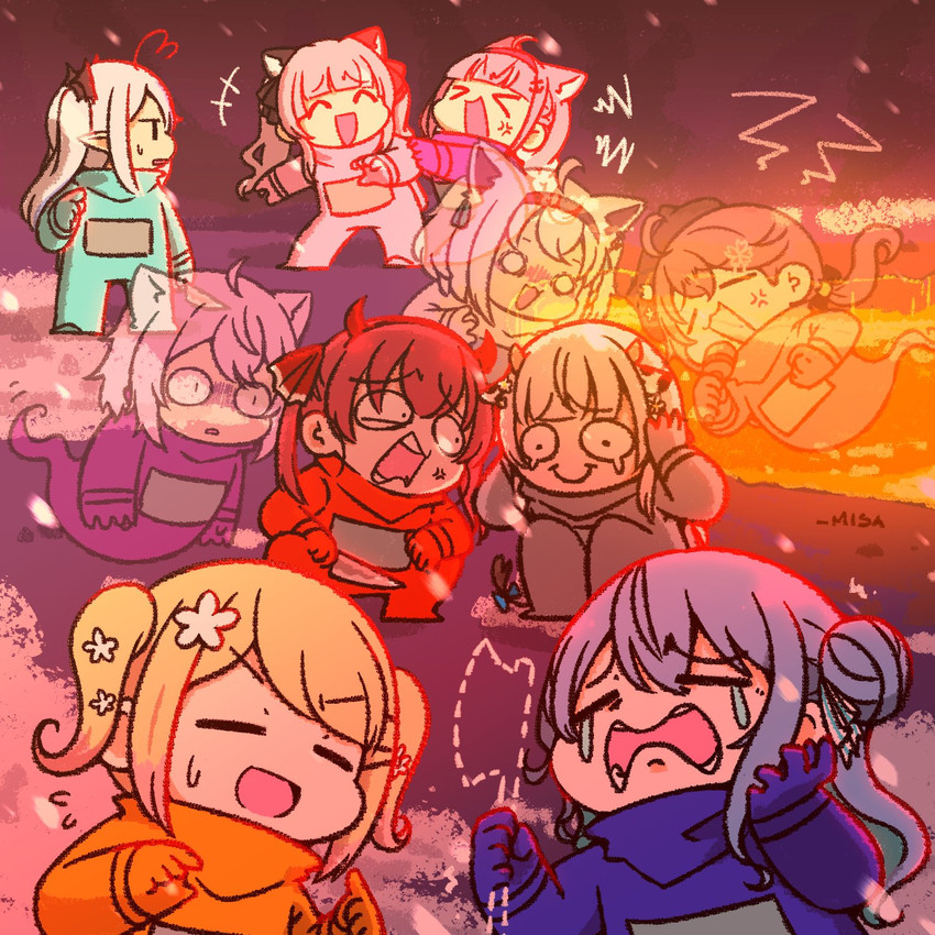 houshou marine, shirakami fubuki, hoshimachi suisei, nekomata okayu, minato aqua, and 7 more (hololive and 1 more) drawn by wakatsuki_misato