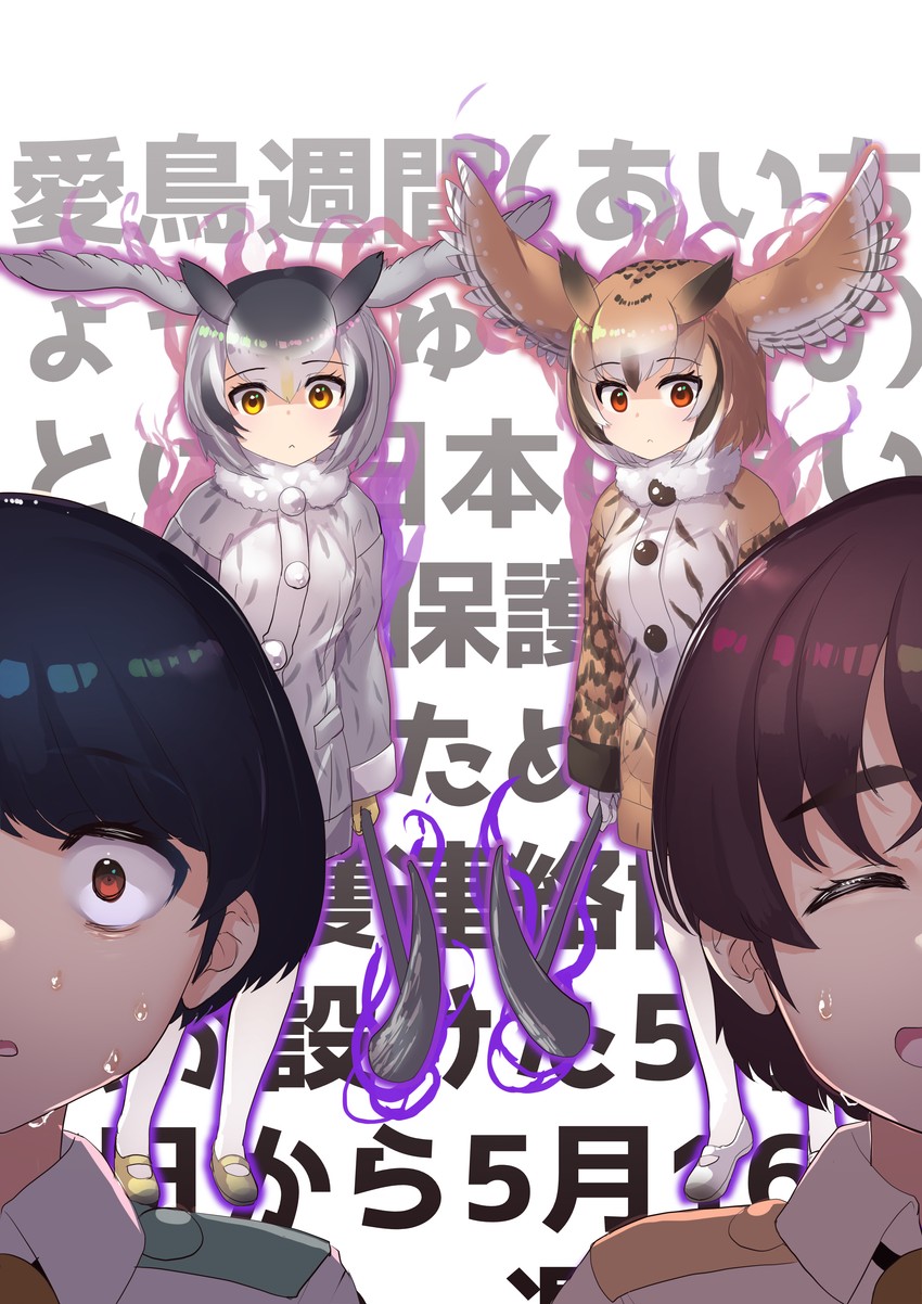 northern white-faced owl, captain, and eurasian eagle owl (kemono friends and 1 more) drawn by tadano_magu