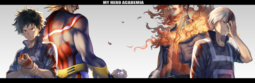 midoriya izuku, todoroki shoto, endeavor, and all might (boku no hero academia) drawn by yamakawa