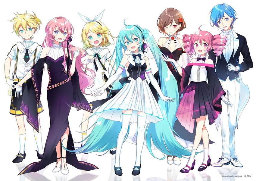 hatsune miku, kagamine rin, kagamine len, megurine luka, kasane teto, and 2 more (vocaloid and 2 more) drawn by wogura