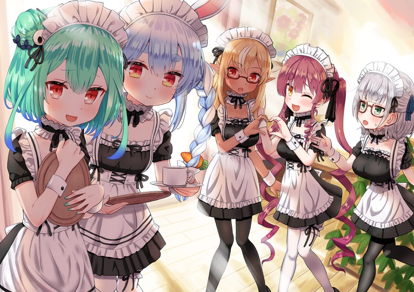houshou marine, usada pekora, shirogane noel, uruha rushia, and shiranui flare (hololive) drawn by dorianpanda