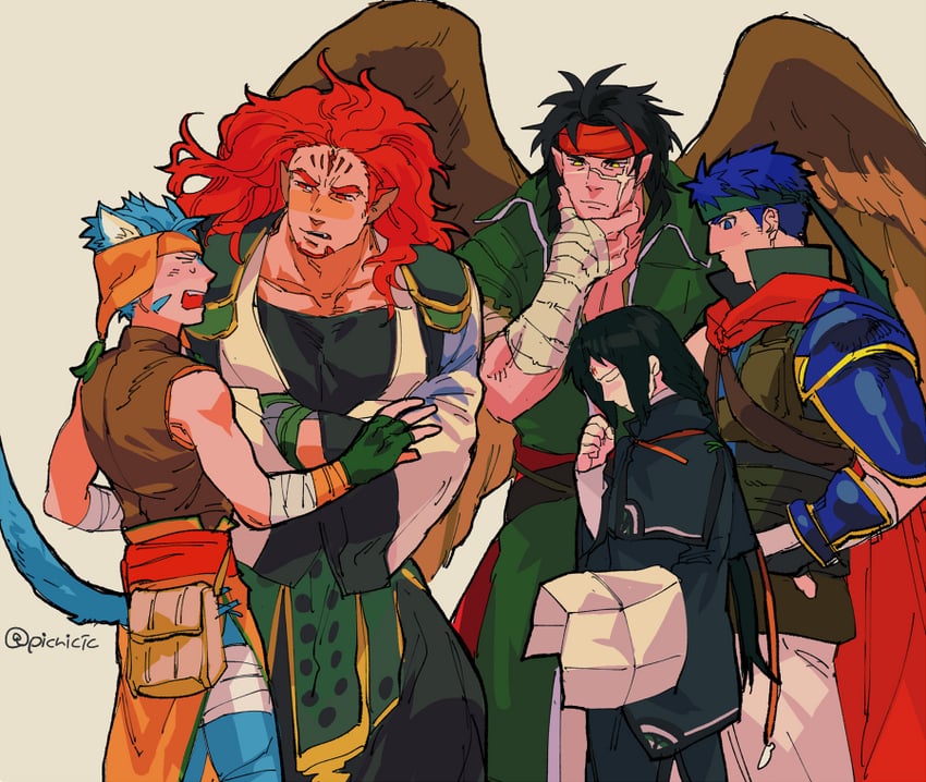 ike, soren, ranulf, tibarn, and skrimir (fire emblem and 1 more) drawn by picnicic