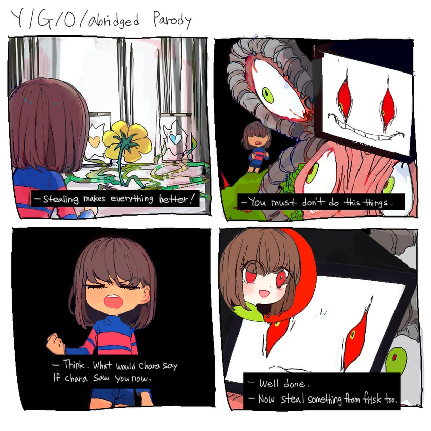 frisk, chara, flowey, and photoshop flowey (undertale) drawn by soseji_(tjduswjd)