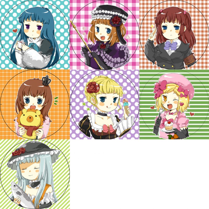 beatrice, ushiromiya ange, frederica bernkastel, ushiromiya maria, lambdadelta, and 3 more (umineko no naku koro ni) drawn by kyoro