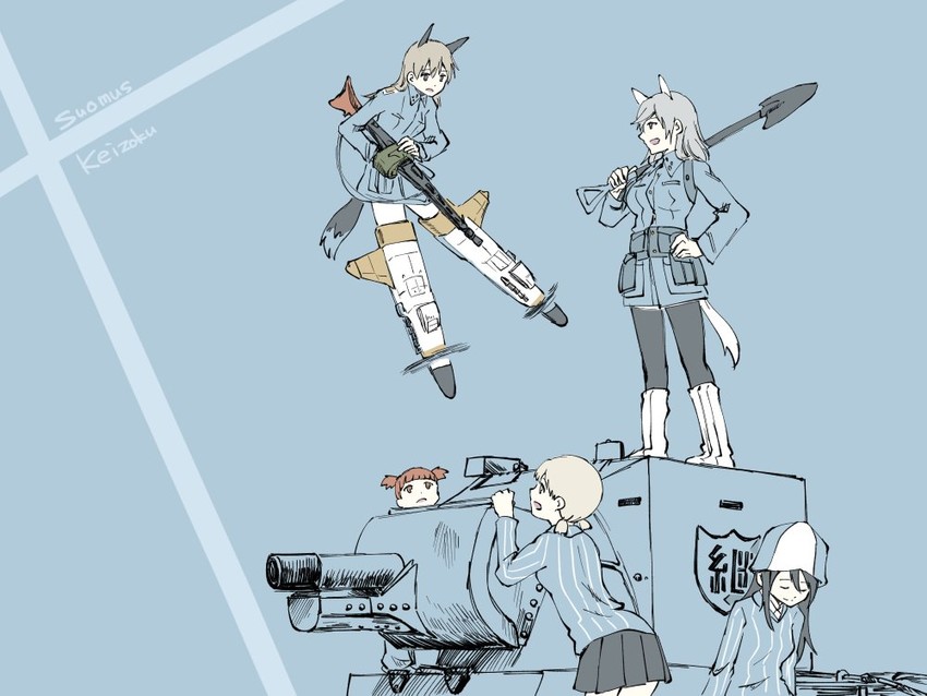 eila ilmatar juutilainen, mika, aki, mikko, and aurora e. juutilainen (girls und panzer and 2 more) drawn by haruichi_(sazanami_complex)