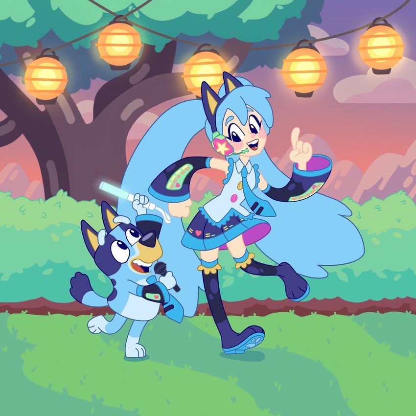 hatsune miku and bluey heeler (vocaloid and 1 more) drawn by chaibee