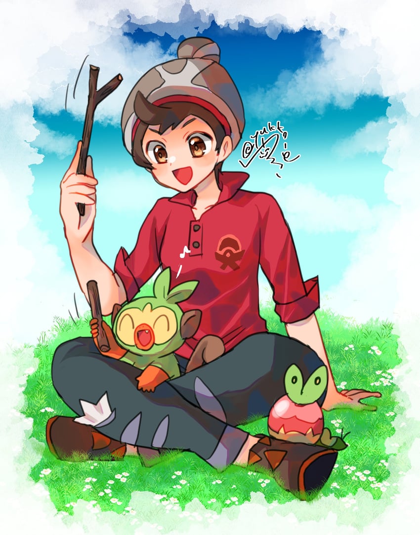 victor, grookey, and applin (pokemon and 1 more) drawn by yukko_sou