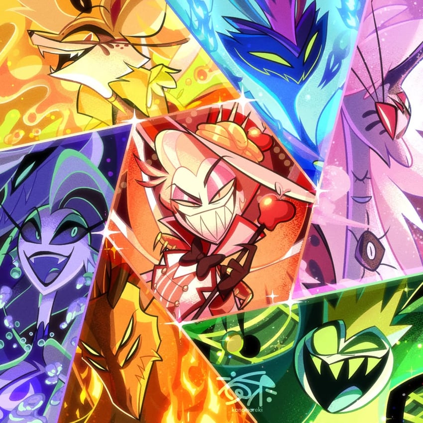 lucifer morningstar, beelzebub, asmodeus, belphegor, leviathan, and 2 more (hazbin hotel and 1 more) drawn by kano-mareki