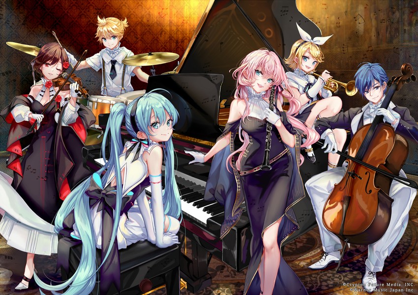 hatsune miku, kagamine rin, kagamine len, megurine luka, kaito, and 1 more (vocaloid and 1 more) drawn by pisuke