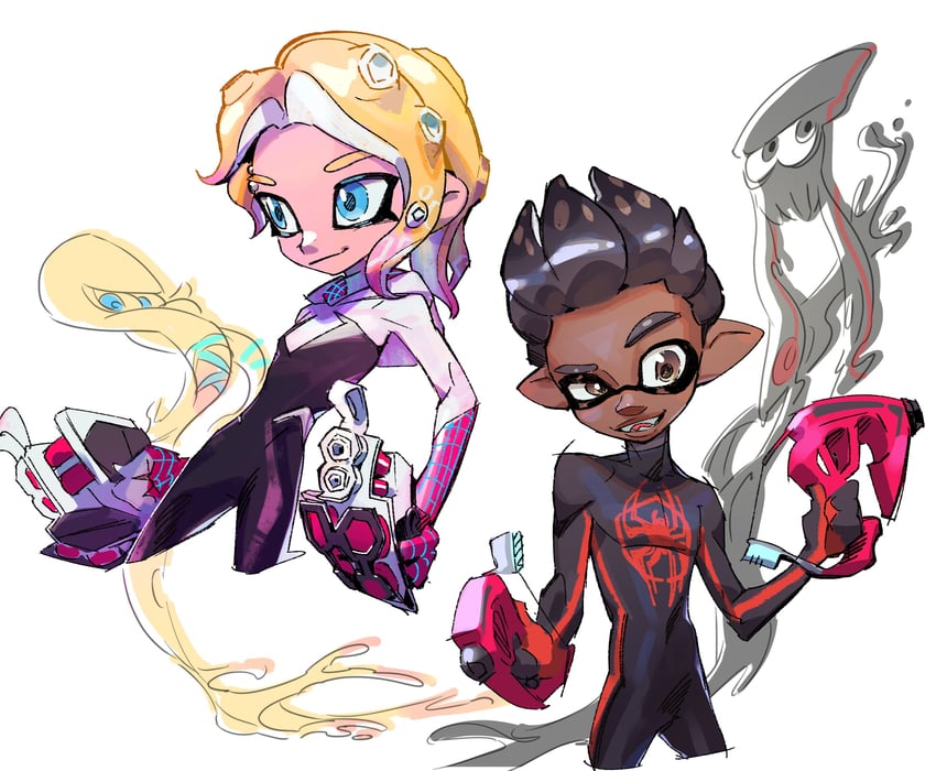 inkling player character, octoling player character, spider-gwen, gwen stacy, miles morales, and 1 more (splatoon and 4 more) drawn by ddyun_923