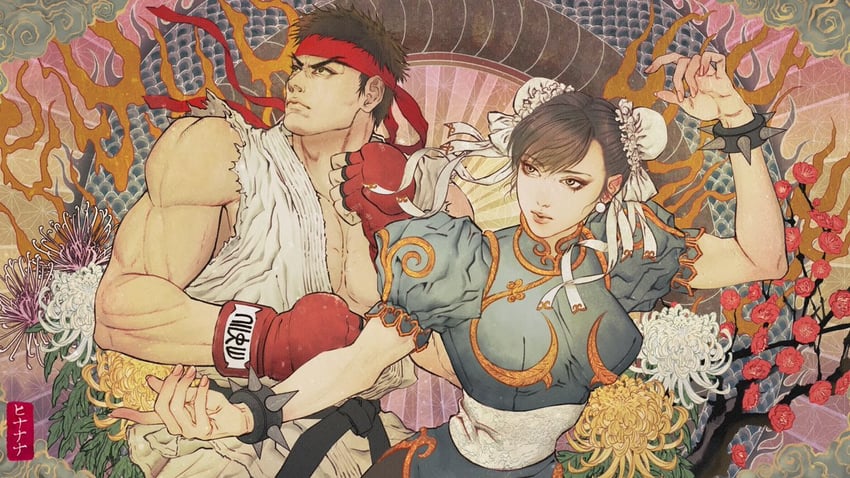 chun-li and ryu (street fighter) drawn by hinanana