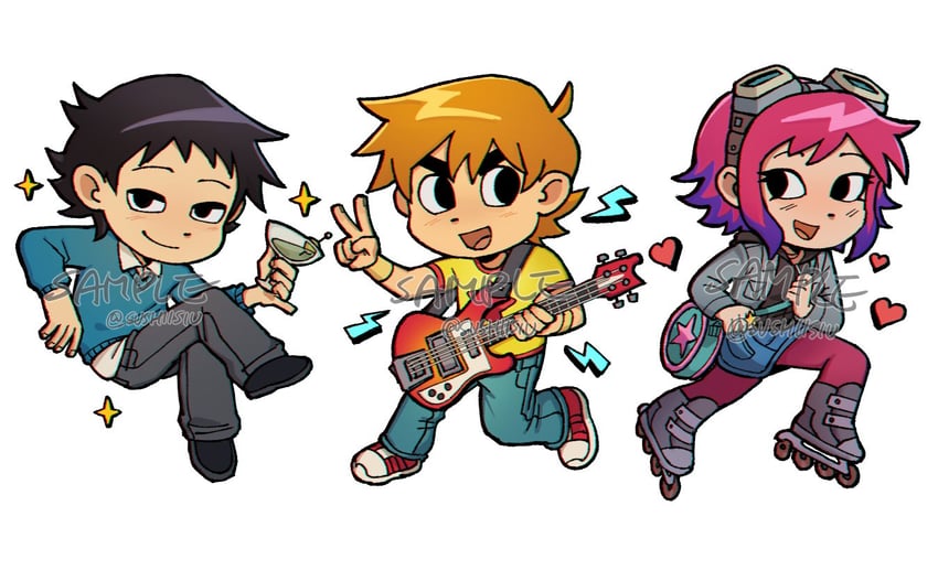 scott pilgrim, wallace wells, and ramona flowers (scott pilgrim and 1 more) drawn by sushiisiu