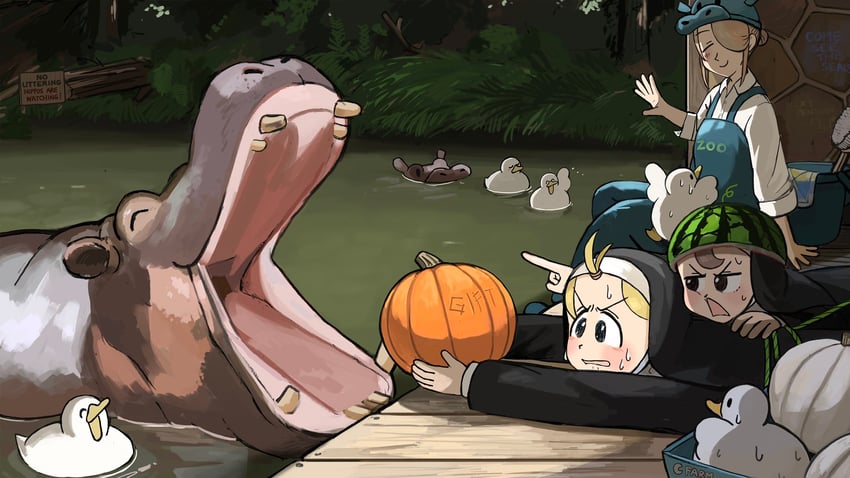 clumsy nun, froggy nun, and hippopotamus keeper (little nuns and 1 more) drawn by diva_(hyxpk)