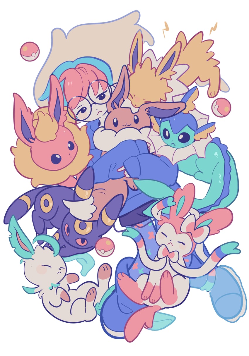 eevee, sylveon, umbreon, vaporeon, leafeon, and 3 more (pokemon and 1 more) drawn by gogeyama