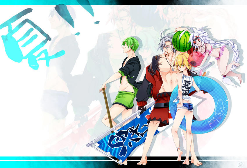 ragna the bloodedge, nu-13, jin kisaragi, and hazama (blazblue) drawn by uzukinoko