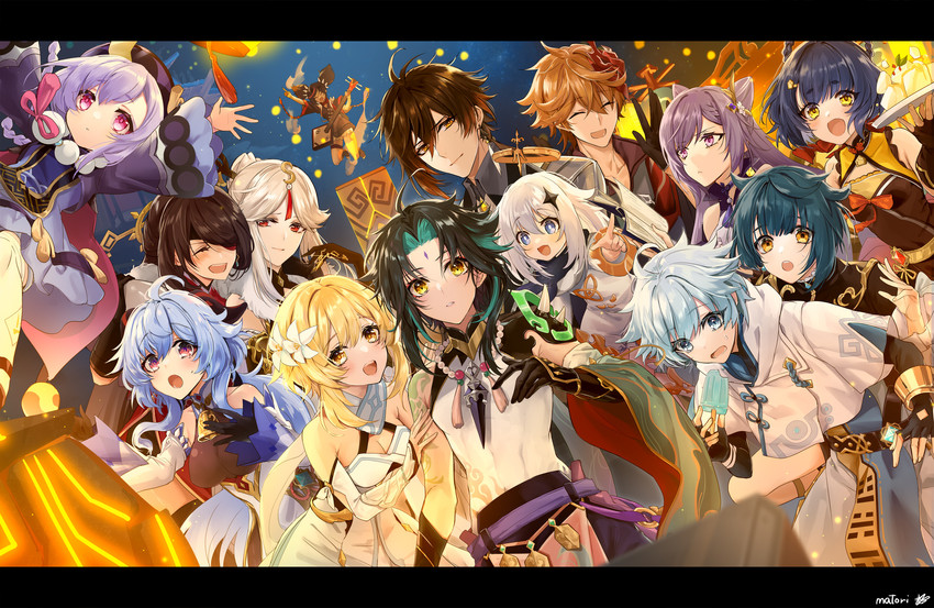 ganyu, lumine, zhongli, keqing, paimon, and 9 more (genshin impact) drawn by matori_(penguin_batake)