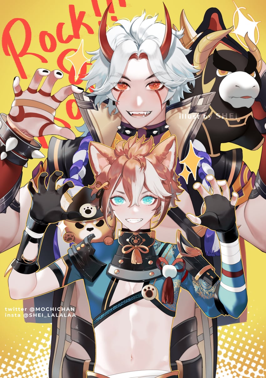 arataki itto and gorou (genshin impact) drawn by shei99