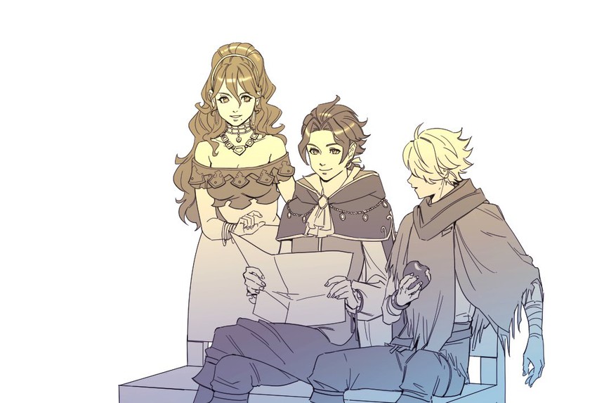 therion, primrose azelhart, and cyrus albright (octopath traveler and 1 more) drawn by mella