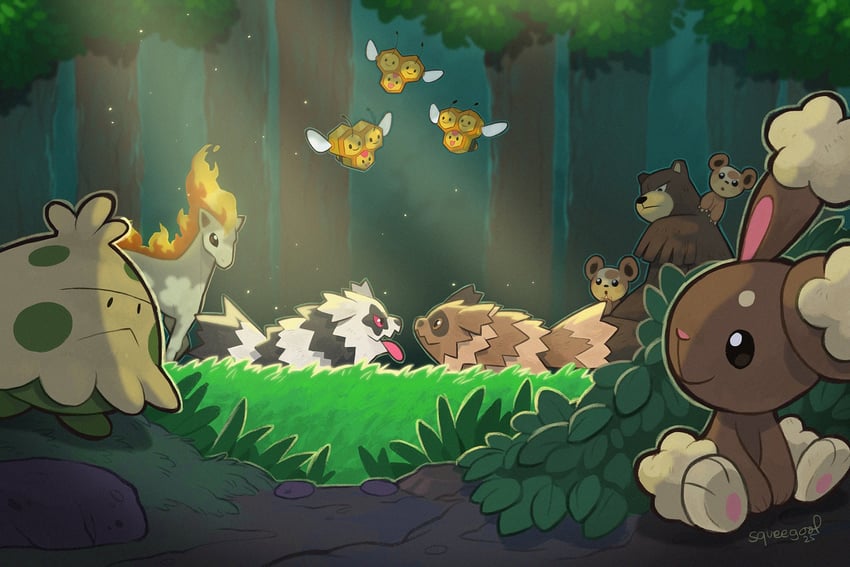 buneary, teddiursa, galarian zigzagoon, shroomish, ponyta, and 2 more (pokemon) drawn by squeegool