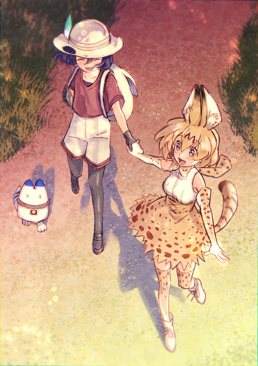 serval, kaban, and lucky beast (kemono friends) drawn by meiji_(charisma_serve)