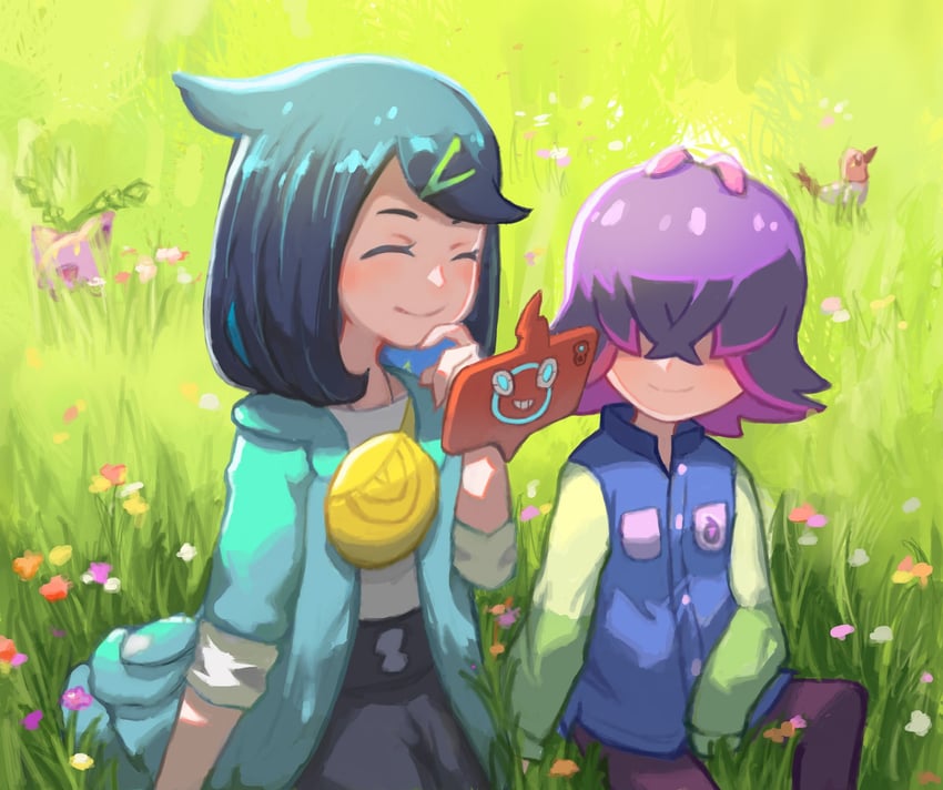 rotom, rotom phone, liko, dot, hoppip, and 1 more (pokemon and 1 more) drawn by nekomura_saki
