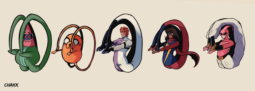majin buu, jake the dog, patrick star, kamala khan, kid buu, and 1 more (dragon ball and 6 more) drawn by chakkrx