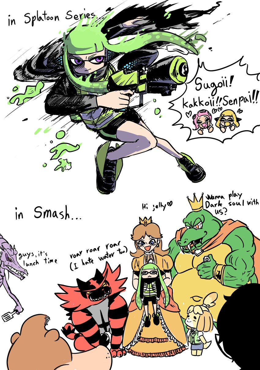 inkling player character, inkling girl, amamiya ren, princess daisy, isabelle, and 5 more (pokemon and 10 more) drawn by goat_(hotaruman97)