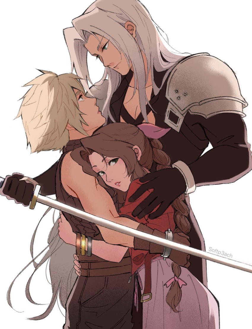 cloud strife, aerith gainsborough, and sephiroth (final fantasy and 3 more) drawn by softp3ach