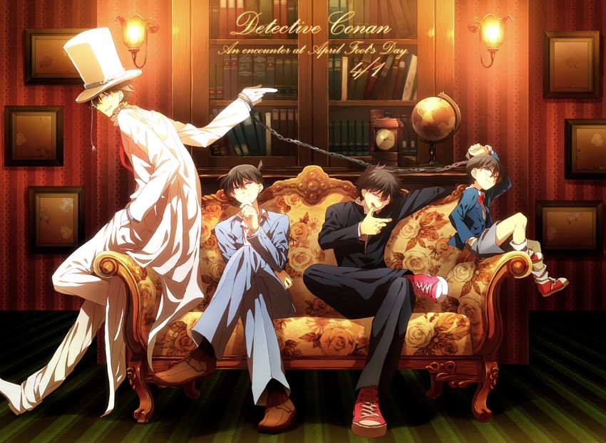 edogawa conan, kudou shin'ichi, kaitou kid, and kuroba kaito (meitantei conan and 1 more) drawn by abaraya