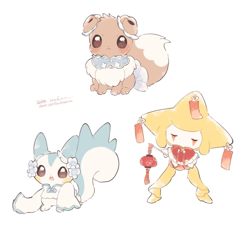eevee, jirachi, and pachirisu (pokemon) drawn by mkt_(buizu-miki)