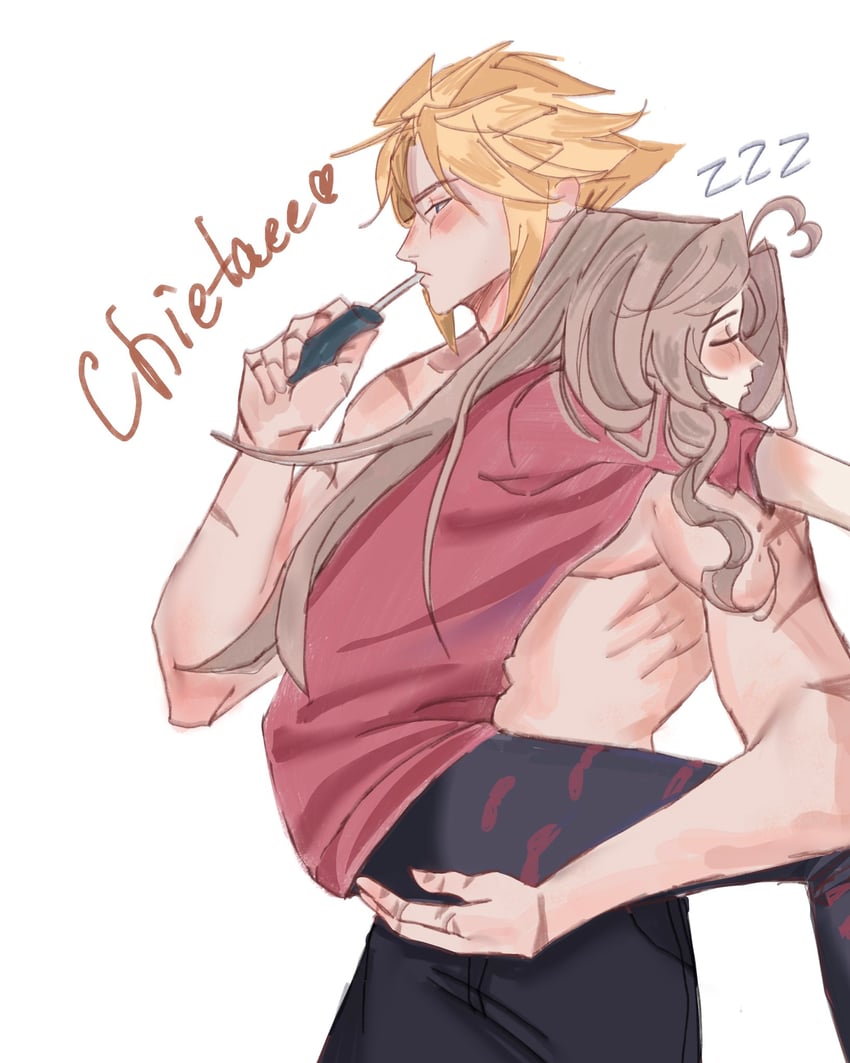 cloud strife and aerith gainsborough (final fantasy and 1 more) drawn by chietaee4ka