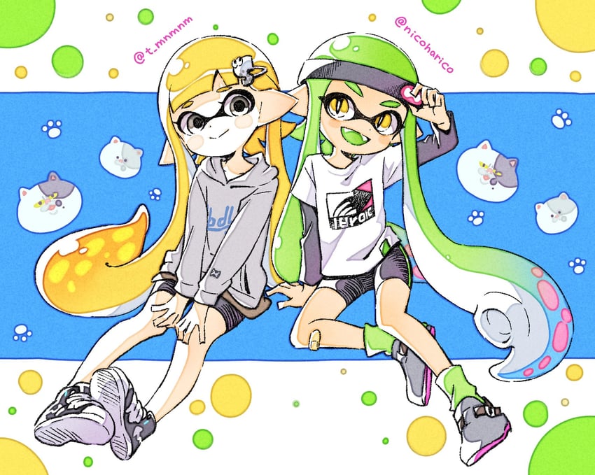 inkling player character, inkling girl, judd, and li'l judd (splatoon) drawn by sen_squid