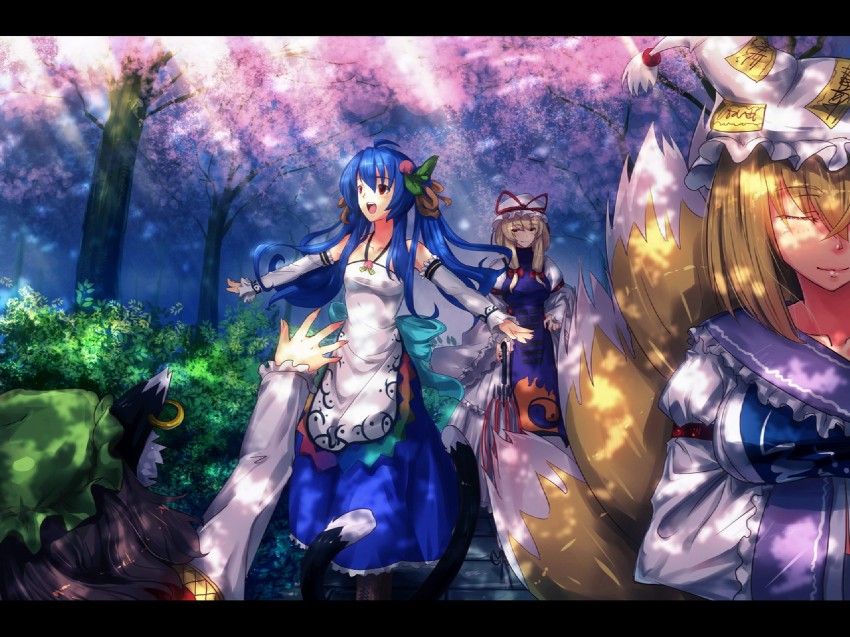 yakumo yukari, yakumo ran, chen, and hinanawi tenshi (touhou) drawn by ryuuzaki_ichi