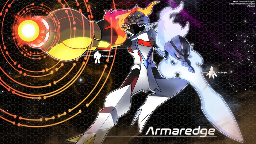 omegamon, ceruledge, and armarouge (pokemon and 1 more) drawn by dragonith