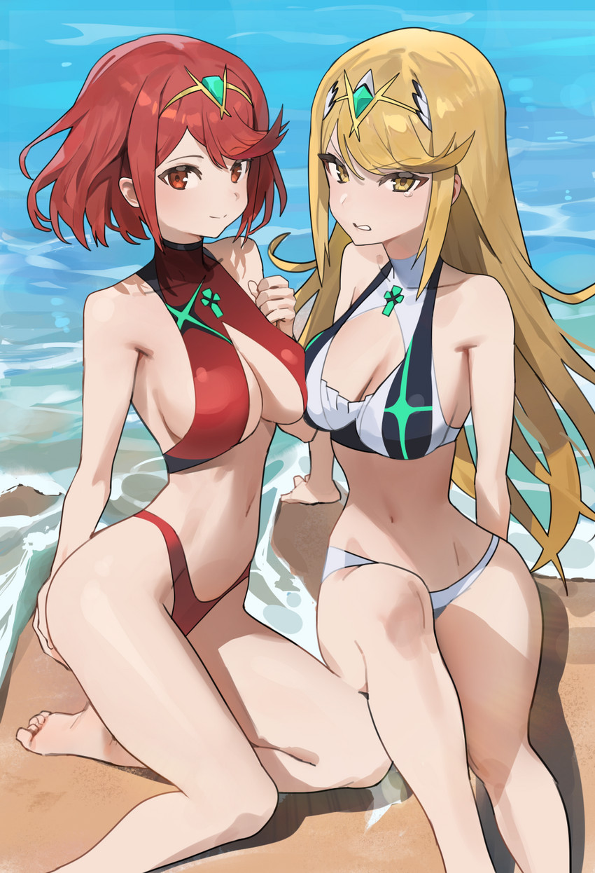 pyra and mythra (xenoblade chronicles and 1 more) drawn by hood_(james_x)