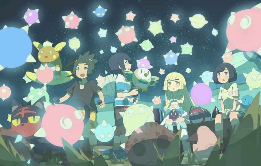 lillie, selene, rowlet, elio, popplio, and 7 more (pokemon and 1 more) drawn by fukui